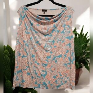 Talbots Plus Stretch Sleeveless Blouse Tank Cowl Neck Teal Red Paisley